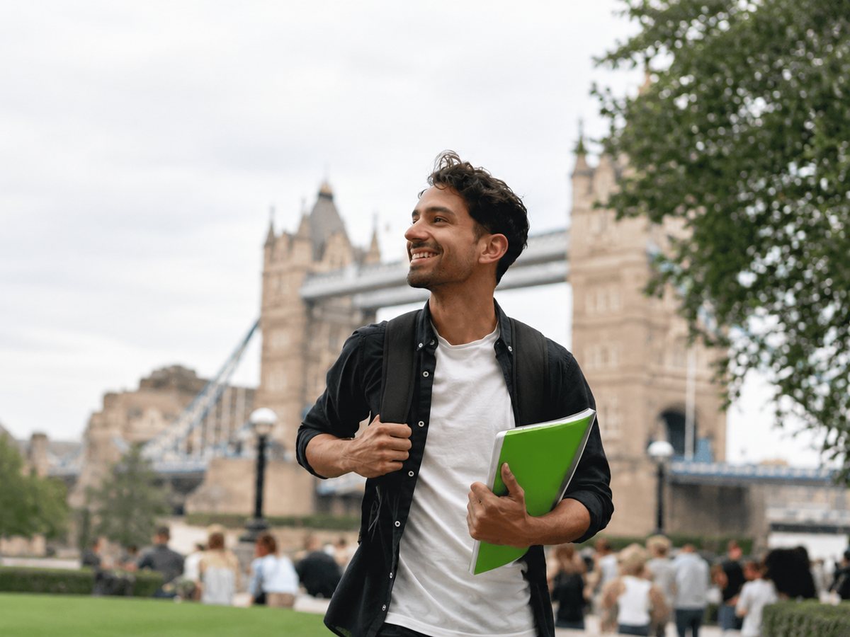Student holding a notebook on a university campus