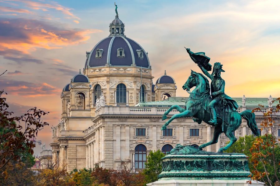 Vienna, Natural History Museum and Archduke Charles monument at sunset