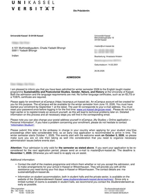 Admission letter, University of Kassel