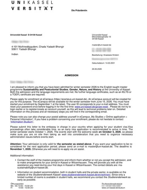 Admission letter, University of Kassel