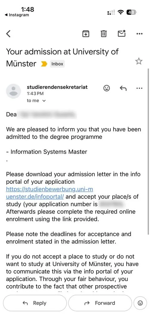 Admission email, University of M&uuml;nster