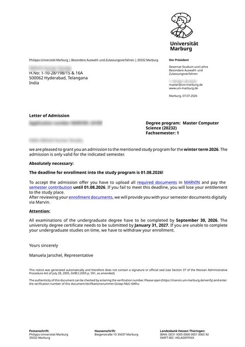 Letter of admission, Philipps-Universit&auml;t Marburg