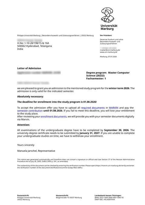 Letter of admission, Philipps-Universit&auml;t Marburg