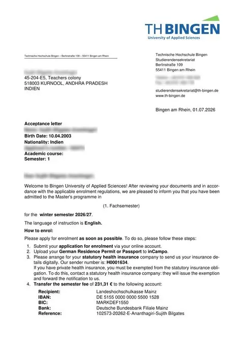 Acceptance letter, TH Bingen